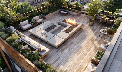A chic urban rooftop garden with sleek decking, a built-in fire pit, and stylish seating for cozy gatherings