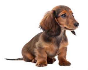 Cute smooth longhaired Dachshund puppy isolated on white background. Longhaired Dachshund puppy sitting on white
