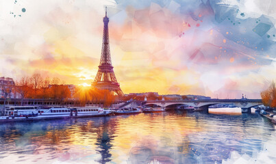 Watercolor The main attraction of Paris and all of Europe is the Eiffel tower in the rays of the setting sun on the bank of Seine river
