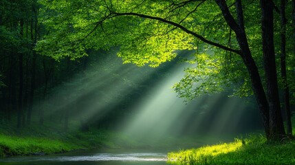 Obraz premium Serene Forest River Sunlight Trees Nature Tranquility Landscape Photography