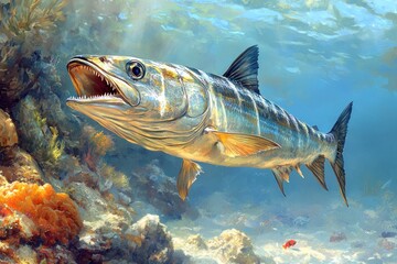 Fototapeta premium Majestic Barracuda Swims Through Coral Reef Habitat