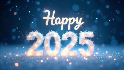 Happy New Year 2025 with sparkling lights. Festive winter holiday concept.