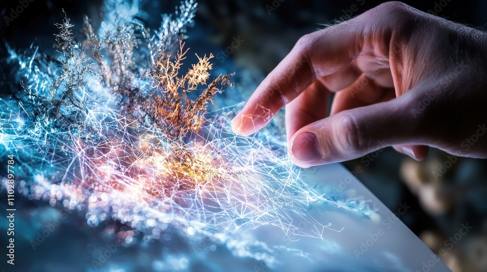 Poster creative touch artistic fingertips on a blank canvas digital landscape ethereal environment close-up