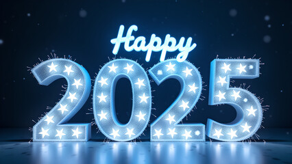 Happy New Year 2025 with glowing lights. Concept of celebration, party, and holiday.