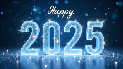 Happy New Year 2025. Festive blue sparkling background. Concept of celebration, holiday, and future.