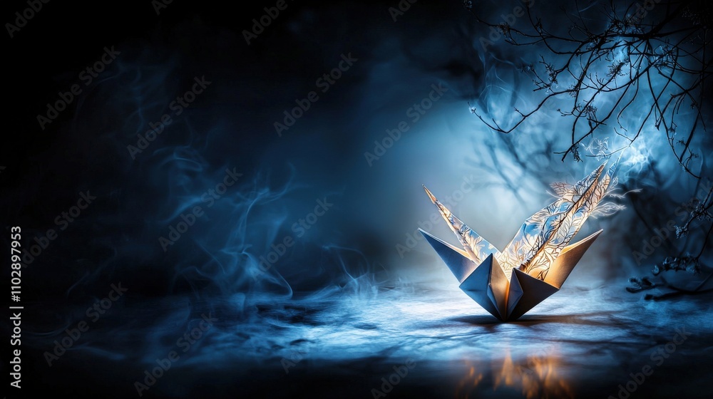 Poster intricate origami creation illuminated by soft light enchanted forest conceptual art mystical atmosp