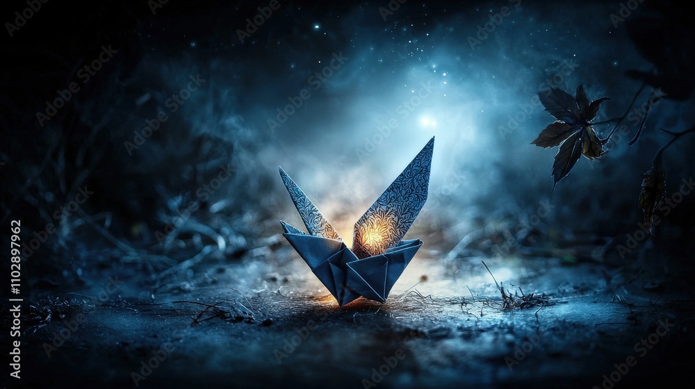 Poster intricate origami creation illuminated in a mystical forest artistic photography fantasy environment