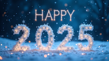Happy New Year 2025 Snowy Night. Concept of celebration, winter, and holidays.