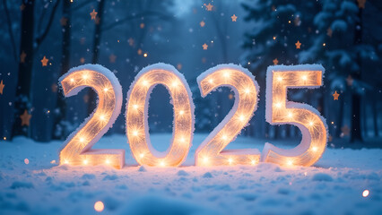 2025 New Year in Snowy Winter Forest. Festive Holiday Concept.
