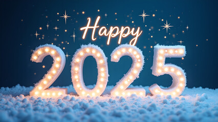 Happy New Year 2025 with snow and lights. Festive winter holiday celebration concept.