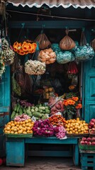 Vibrant Market Stall Displaying Fresh Produce, Flowers, and Local Crafts, Showcasing the Richness of Community Life and Cultural Diversity
