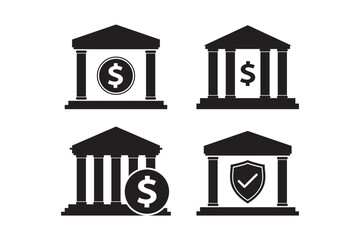 Set of bank icons with dollar coin and shield. Business centre isolated on white background. Black silhouettes of bank buildings, money, savings protection.