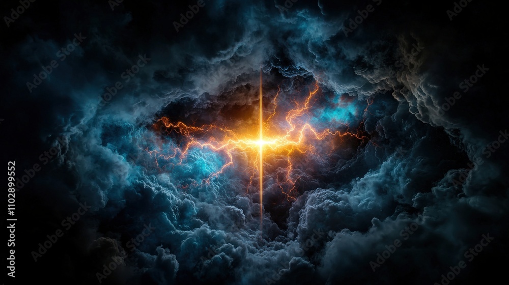 Poster dynamic energy burst illuminating turbulent clouds cosmic scene digital artwork abstract universe vi