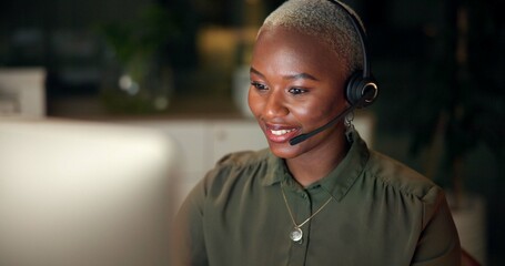 Call center, happy black woman and customer service, consulting or listening for help at night....