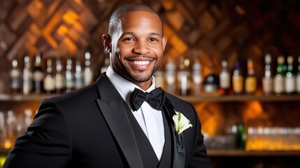 Fototapeta premium Elegant African American Man Wearing Tuxedo Smiling Confidently at Upscale Event with Bar Background and Warm Lighting for Fashion or Celebration Themes