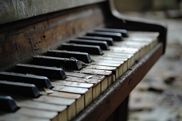 Dusty, old piano keys, close-up.