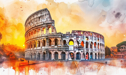 Watercolor Colosseum in Rome at sunrise, Italy, Europe