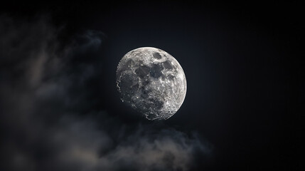 Fototapeta premium Stunning scenery of a white glowing moon with craters in a black sky with clouds at night.