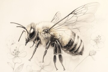 Obraz premium Detailed Pencil Drawing of a Bee Near Flowers