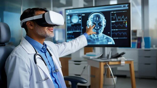A man wearing a white lab coat is wearing a virtual reality headset