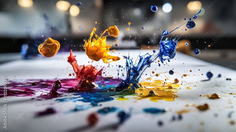 Poster vibrant ink splattering across paper art studio photography creative space close-up dynamic expressi