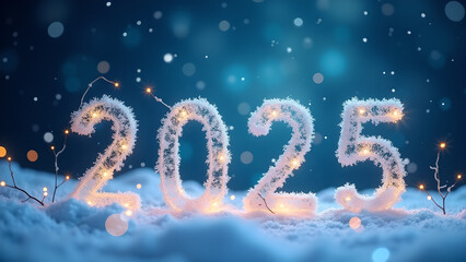 2025 New Year in Snow with Lights. Concept of celebration, winter, and hope.
