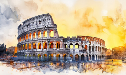 Watercolor Colosseum in Rome at sunrise, Italy, Europe