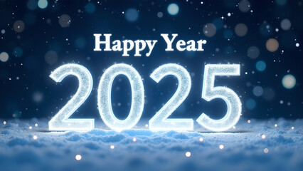 Happy New Year 2025 Glowing Numbers in Snow. Concept of celebration, winter, and holidays.
