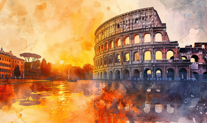 Watercolor Colosseum in Rome at sunrise, Italy, Europe