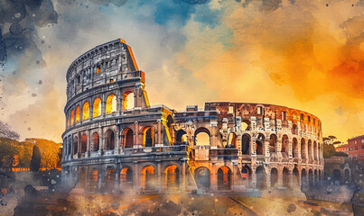 Watercolor Colosseum in Rome at sunrise, Italy, Europe