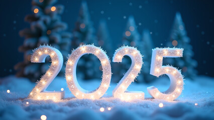 2025 New Year in Snowy Winter Scene. Concept of celebration, hope, and new beginnings.