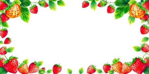 A vibrant watercolor illustration of strawberries forming a frame with a blank space in the middle for text, vibrant, watercolor