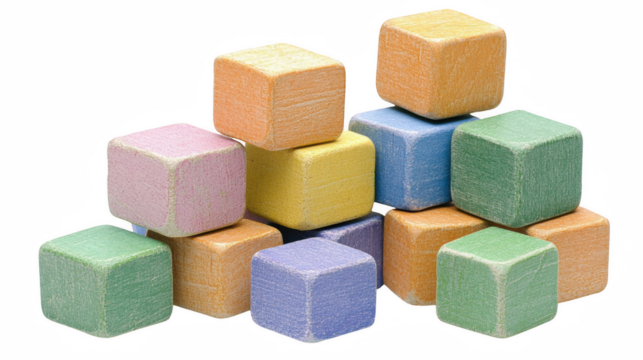 Colorful wooden blocks, pastel hues stacked in playful arrangement, inviting imaginative play, soft texture, child-friendly. Isolated on white background or PNG