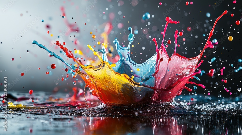 Aufkleber Vibrant paint drops creating colorful splashes studio abstract art artistic environment close-up view dynamic composition