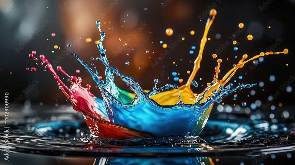 Poster Dynamic splashes of color droplets on a surface studio photography dark environment close-up visual art concept