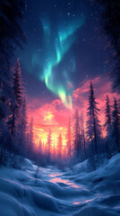Obraz premium winter night, snow drifrs, northern lights, forest, frost 