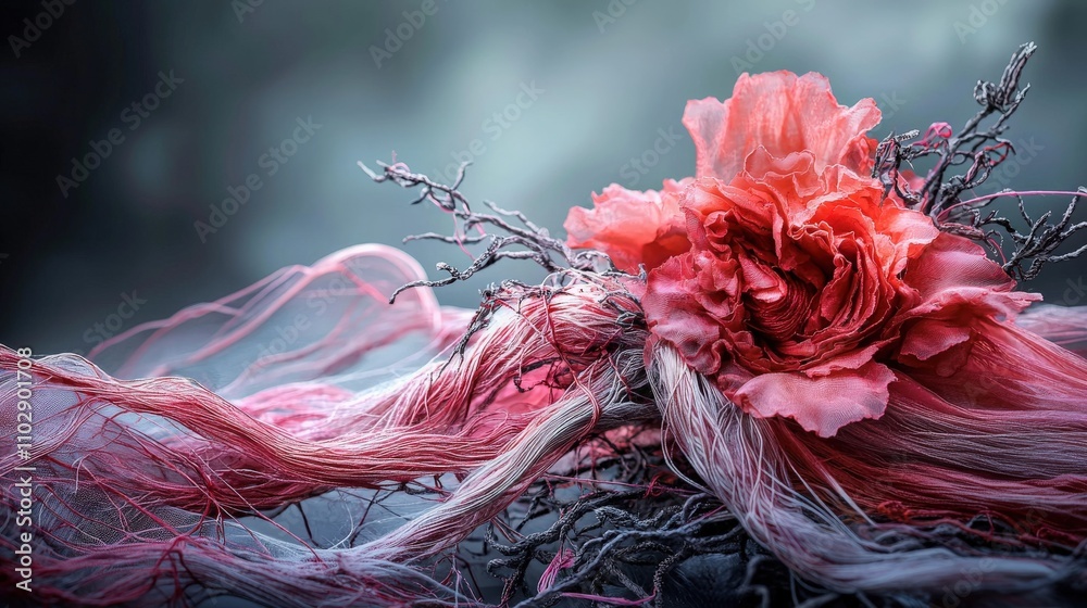 Poster weaving threads of silk through delicate fabric a floral art composition in nature’s embrace with an