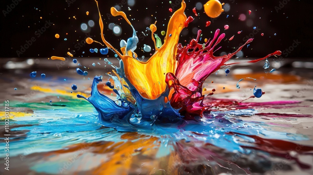 Poster Colorful paint splashes create dynamic artwork in studio abstract expressionism vibrant environment creative perspective