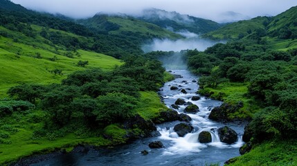 Serene River Flowing Through Lush Green Canyon Landscape