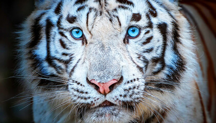 Naklejka premium Close-up portrait of a majestic white tiger with striking blue eyes, showcasing its detailed fur pattern and fierce expression, wildlife conservation themes, educational content