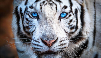 Naklejka premium Close-up portrait of a majestic white tiger with striking blue eyes, showcasing its detailed fur pattern and fierce expression, wildlife conservation themes, educational content