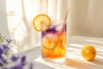 Refreshing blue lemon black tea in a tall clear glass