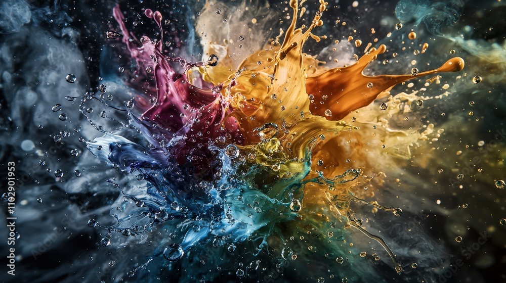 Poster dynamic paint droplets exploding in motion studio abstract art dark background close-up creativity u