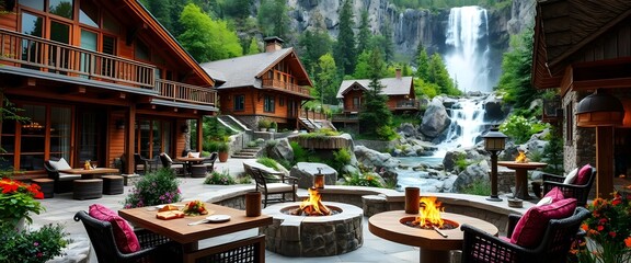 Mountain Chalet Resort: Outdoor Dining with Waterfall View and Cozy Fireplace.