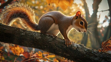 Squirrel on Tree Branch in Autumn Forest with Colorful Leaves