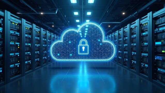 Secure cloud vault visualized as an open database interface in a high-tech environment featuring digital safes