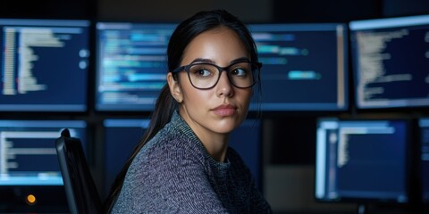 Cybersecurity analyst working in tech hub city digital workspace evening focused on data security challenges