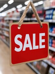 Retail sale sign displayed in grocery store aisle promotional content modern retail environment close-up perspective shopping concept