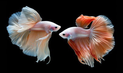 Beautiful movement of Fullmoon betta fish, Two Fancy Fullmoon Betta, The moving moment beautiful of Siamese Fighting fish, Betta splendens, Rhythmic of Betta fish isolated on black background