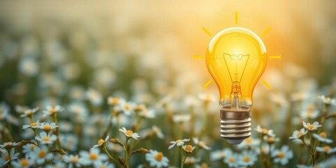 A vibrant yellow light bulb stands out in a field of delicate white flowers, symbolizing hope and inspiration, bright, growth